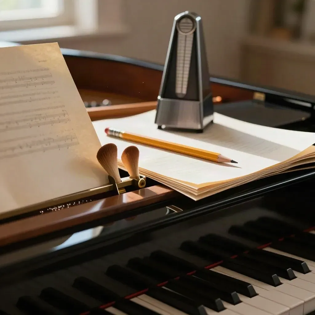 Low-angle piano corner with lead-sheet sleeves, metronome and pencil in sunlit haze.