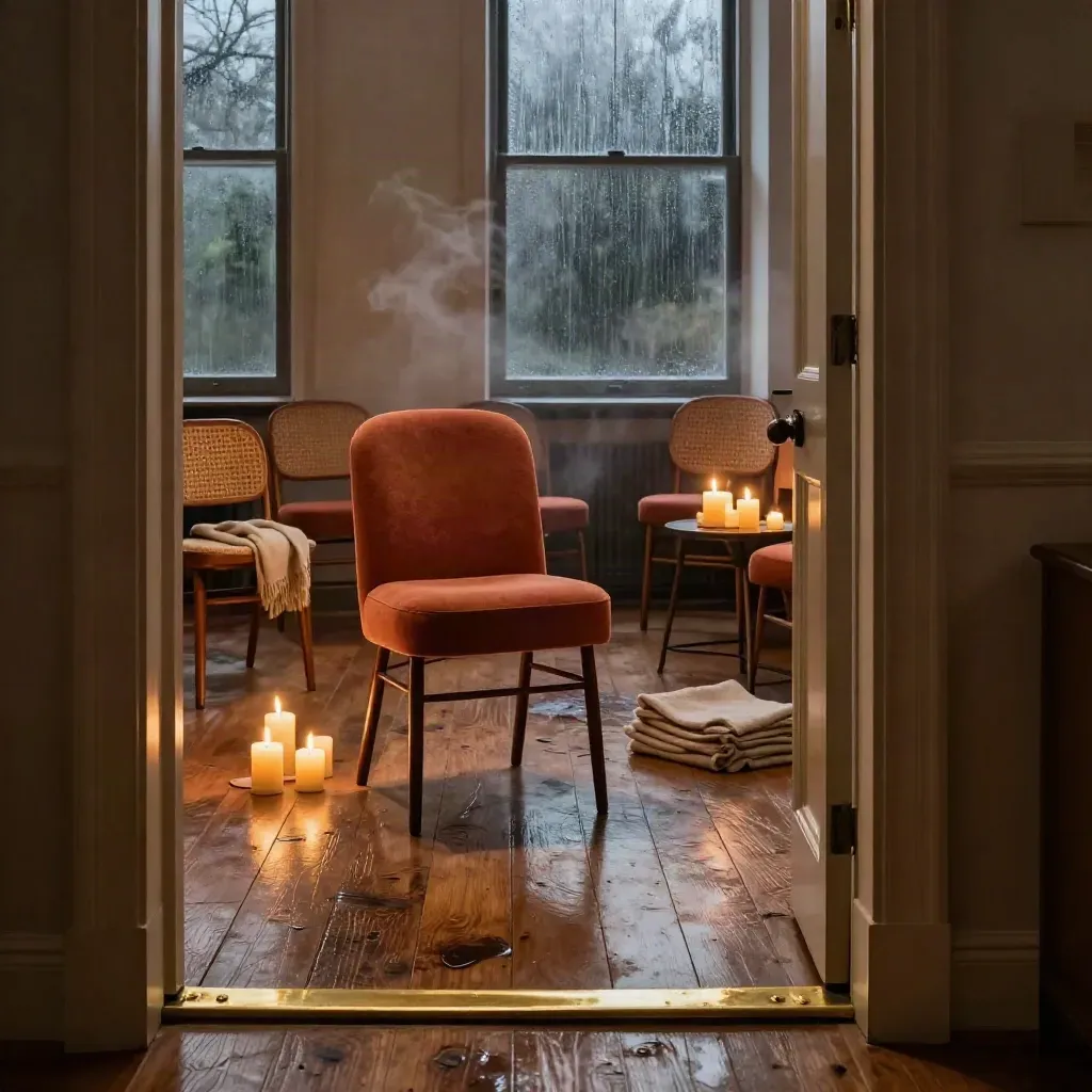 Rainy prayer room with circle chairs, candles, blankets and a side table in warm cinematic light.