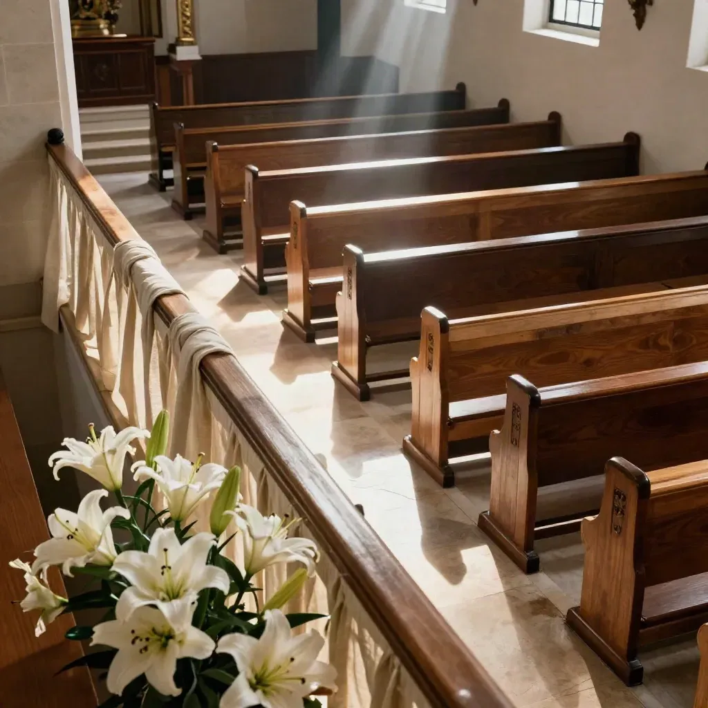 Balcony view down a sunlit Easter sanctuary aisle with lilies and diagonal pews.
