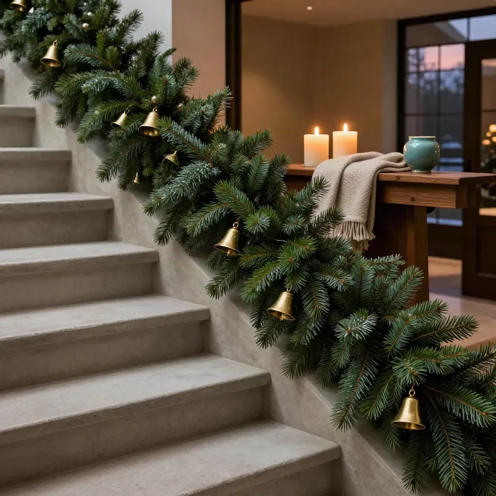 Overhead foyer garland with brass bells, candles and folded wool throw at winter dusk