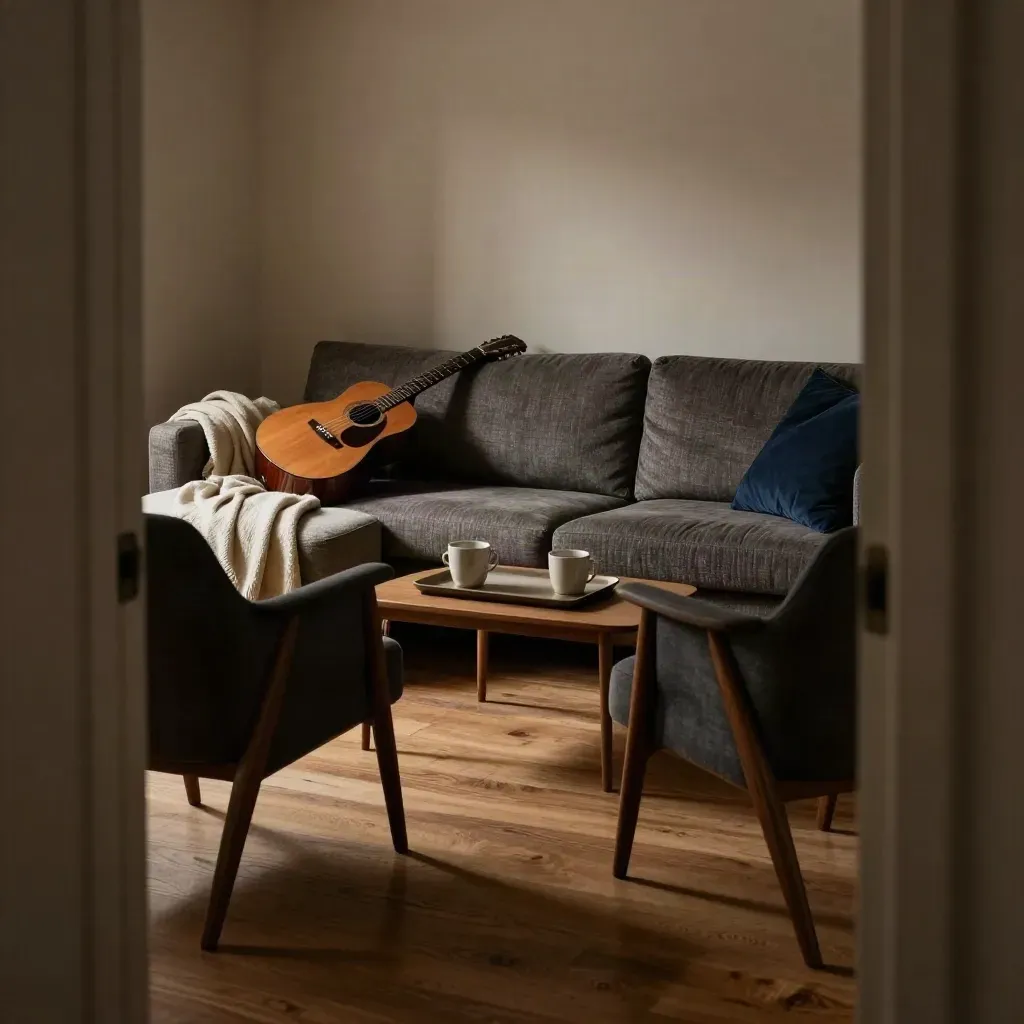 Quiet living room with guitar, mugs, blankets, and empty chairs ready for a small-group song.