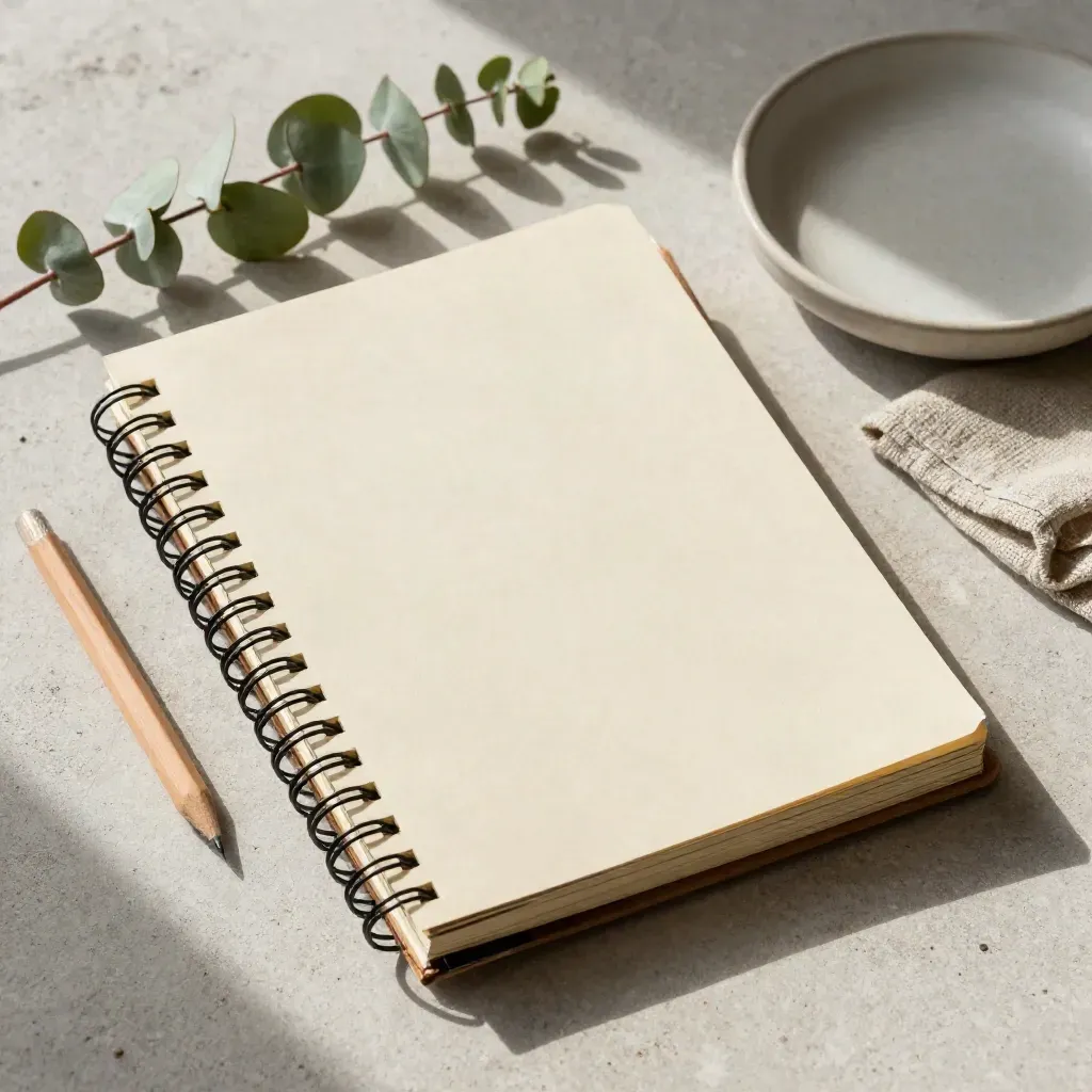 Open spiral worship notebook, linen, dish and eucalyptus on pale stone in soft daylight.