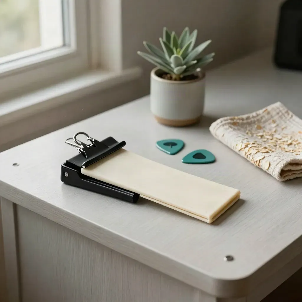 Capo beside chord sleeve, picks, plant, and cup on a pale wood desk