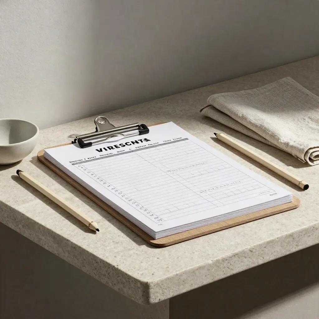 Clipboard with face-down song cards, two pencils, a ceramic bowl, and folded linen on stone.