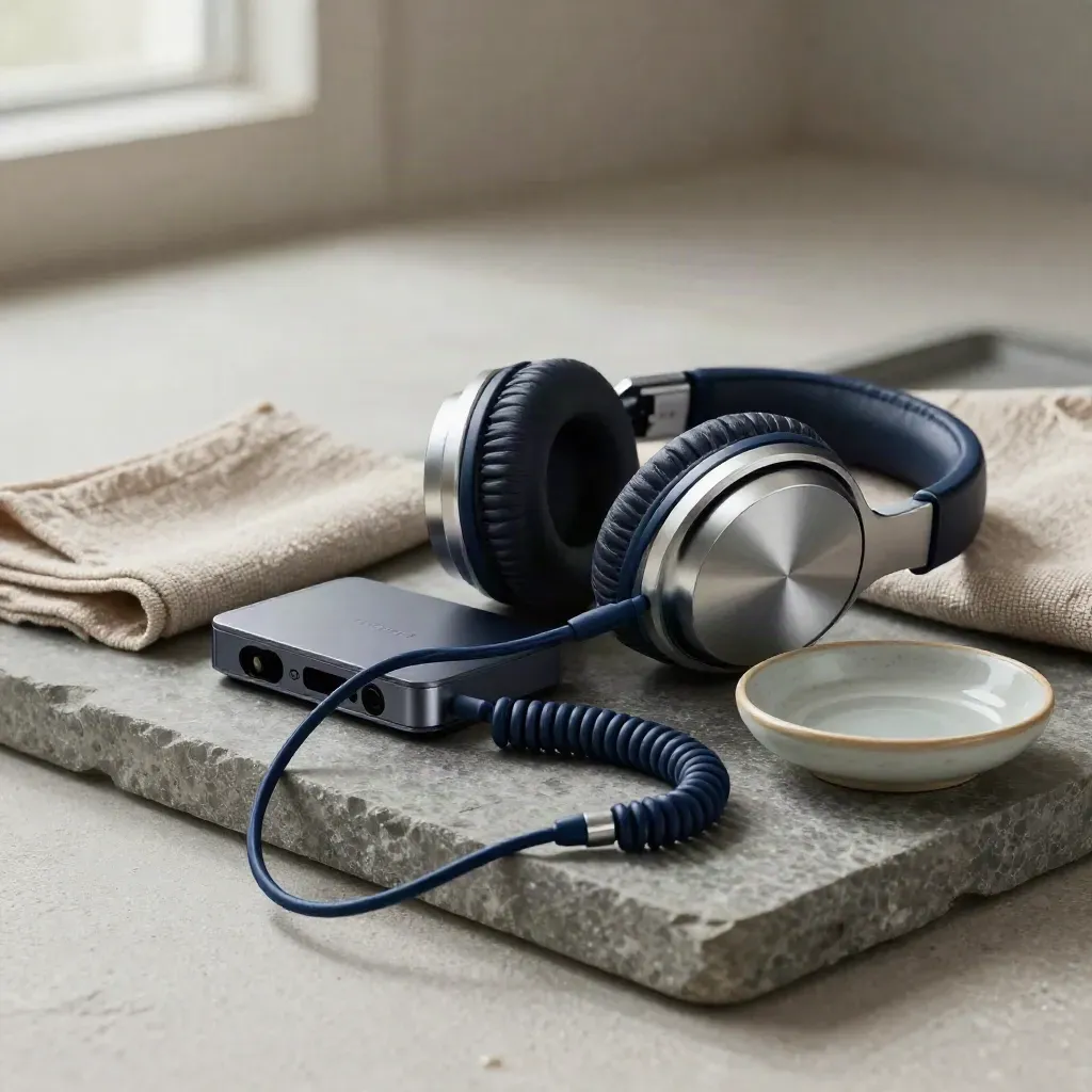 Headphones over an audio interface on a stone tray with cloth, cable and ceramic dish.