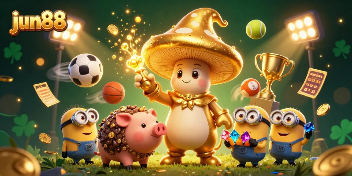 Experience the magic and excitement of jun88 with a magical mushroom wizard and treasure-filled scene.