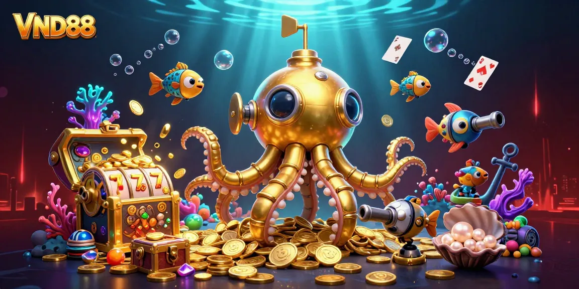 Feel the thrill of VND88 with a dazzling 3D underwater adventure featuring golden kraken and vibrant casino elements.