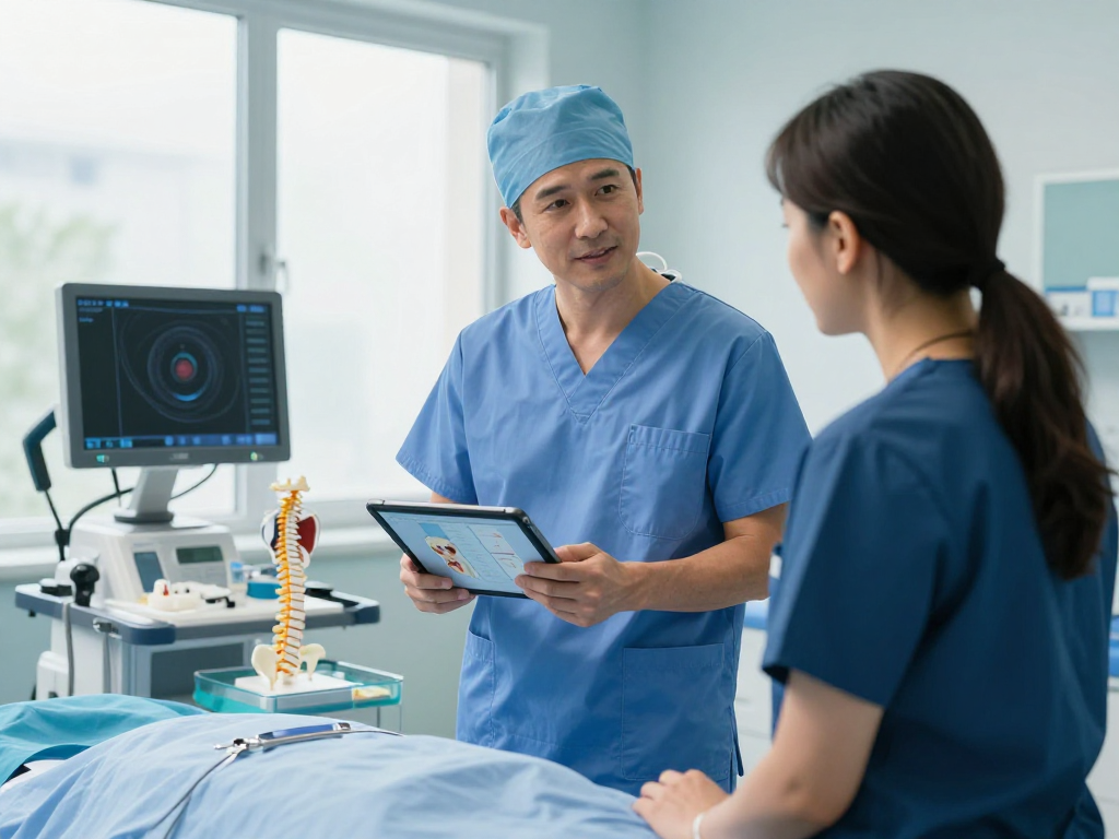 Bel kayması ameliyatı consultation with surgeon and patient in modern hospital setting.