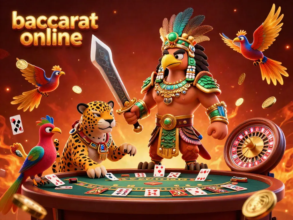 Engage with baccarat online in a vibrant casino scene featuring Aztec warriors and casino elements.