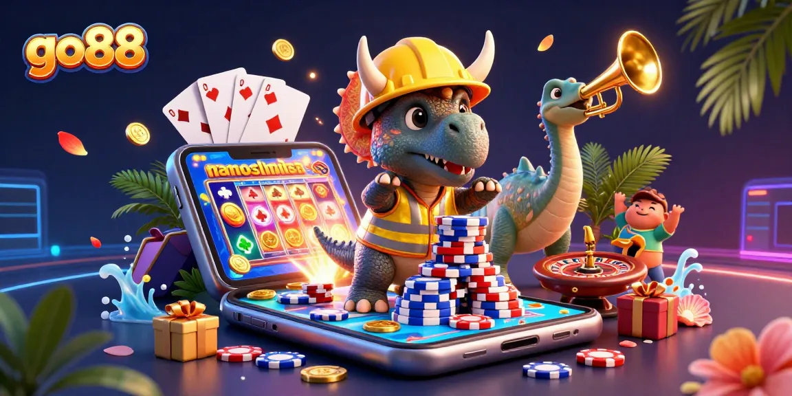 Celebrate with go88 as animated dinosaurs build a poker chip tower in a vibrant casino scene.