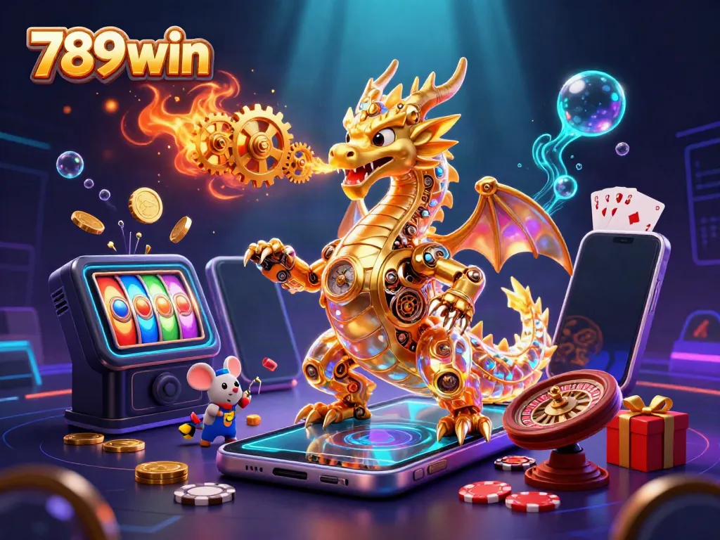 Engage with dynamic 789win gaming elements, featuring a golden dragon and a mobile slot game experience.