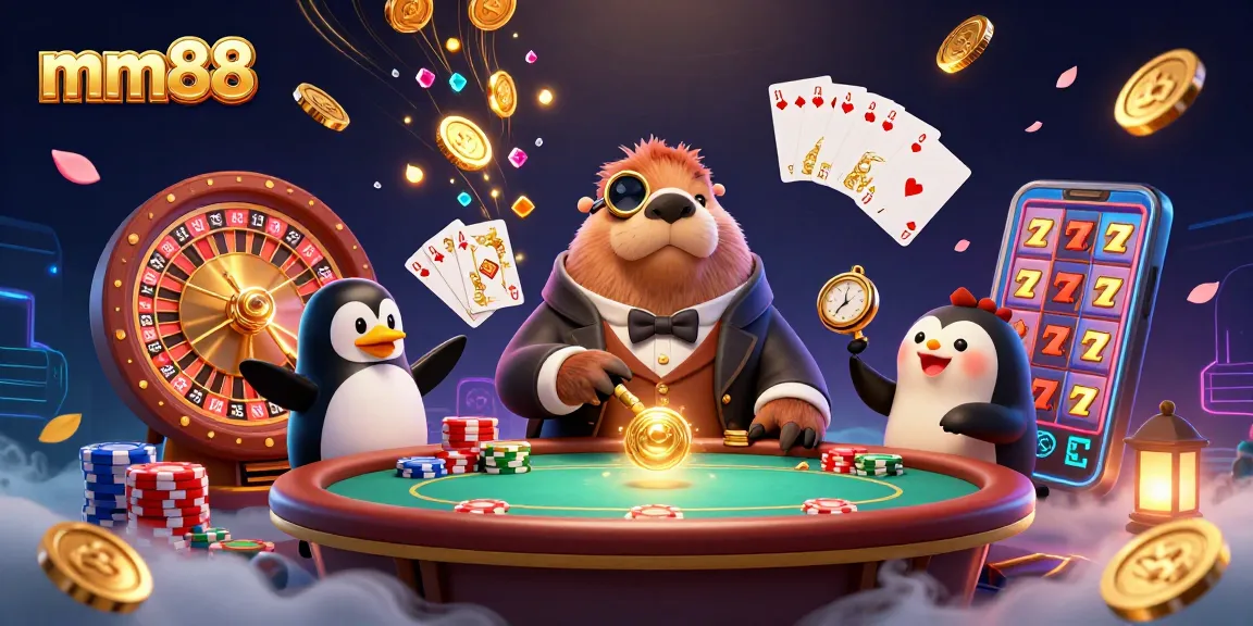 Unveil big wins with mm88 at an underwater poker table featuring a walrus and penguin dealer.