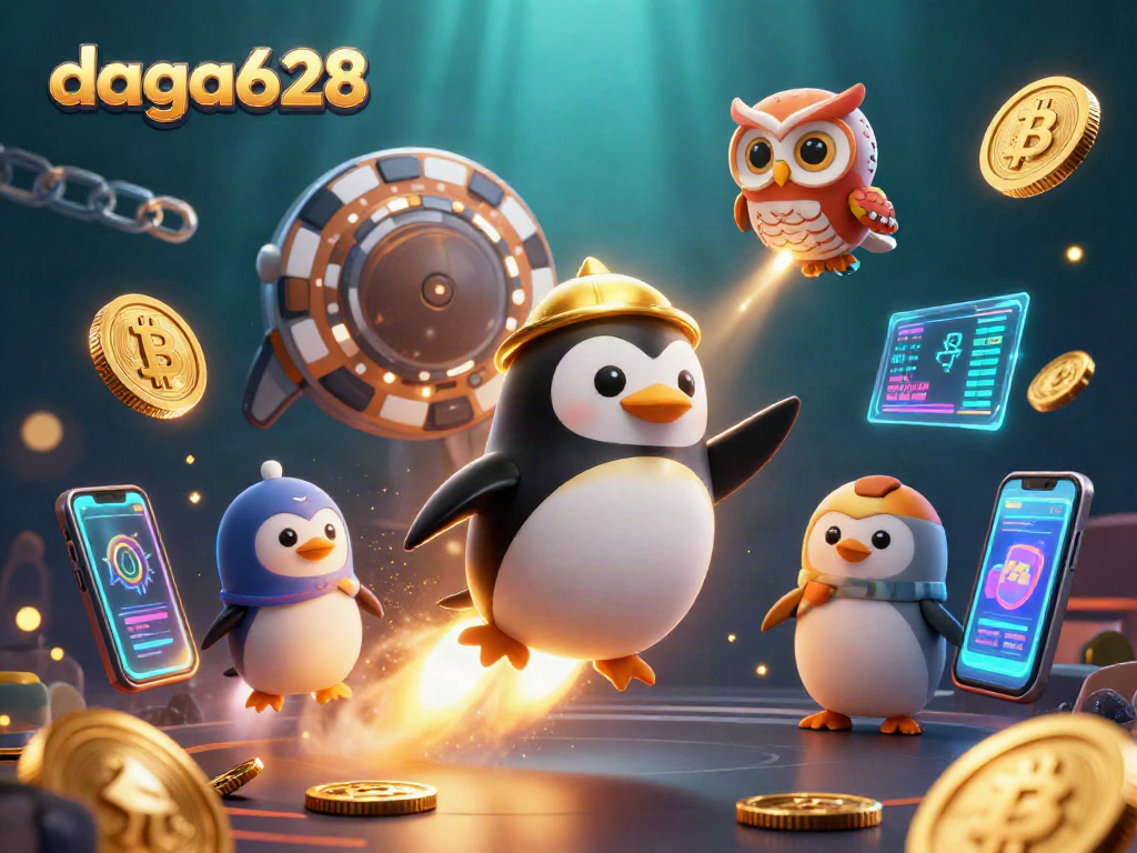 Watch the daga628 golden penguin fly towards victory in a mesmerizing cosmic casino scene.