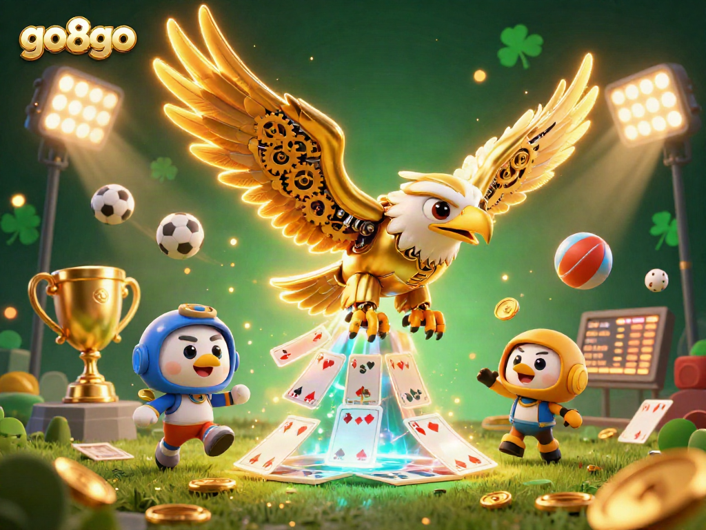 Engage with go8go's thrilling casino experience featuring a 3D golden eagle in an energetic betting scene.