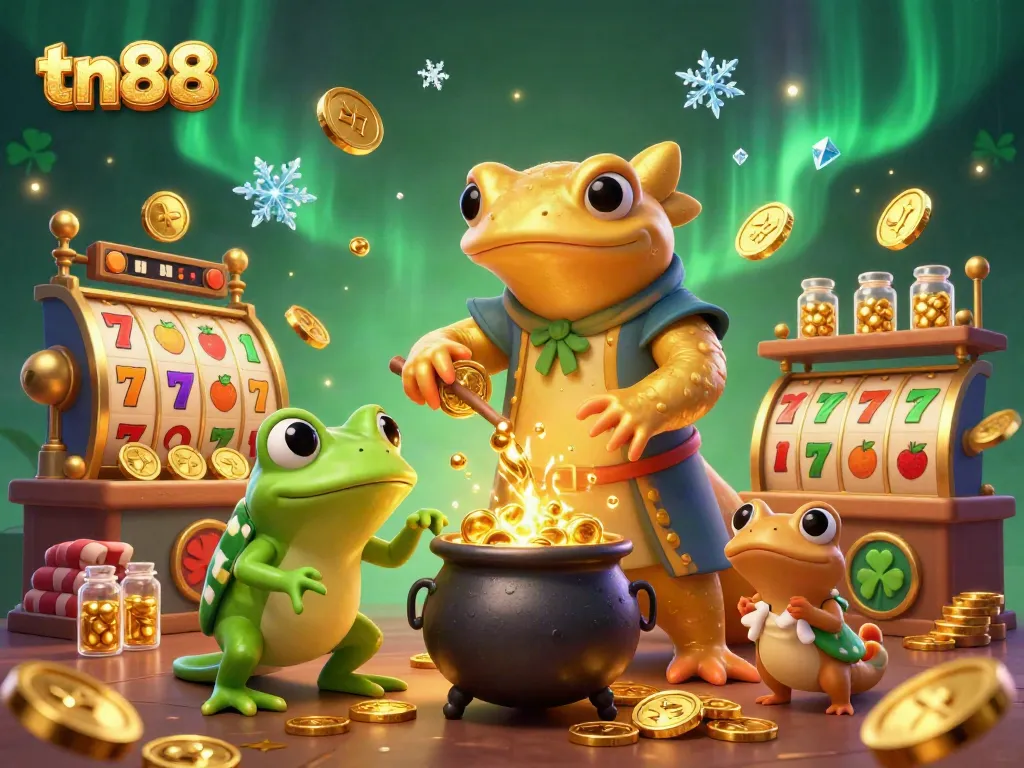 Spin slots with tn88 as a golden salamander alchemist conjures winnings in a vibrant casino scene.