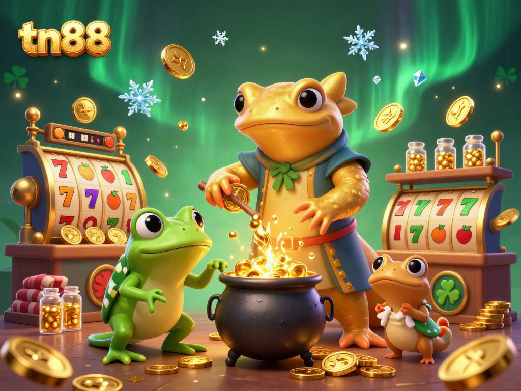 Spin slots with tn88 as a golden salamander alchemist conjures winnings in a vibrant casino scene.