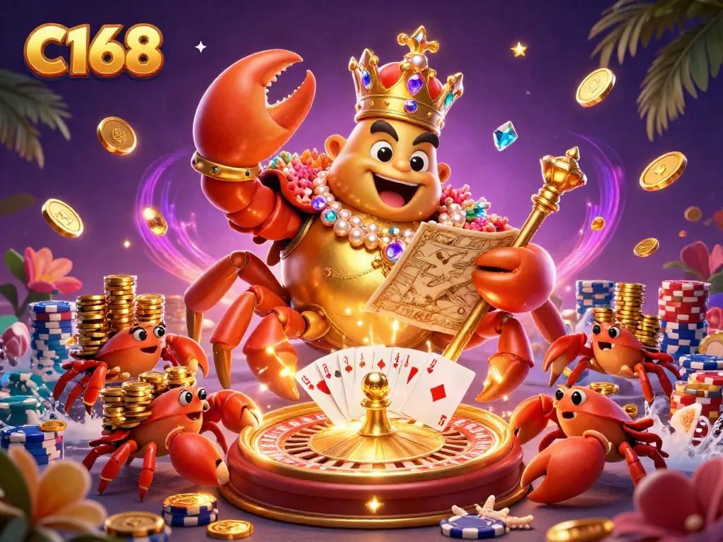 C168 features a massive golden crab emperor amidst cascading coins and colorful poker chips, showcasing a vibrant casino scene.