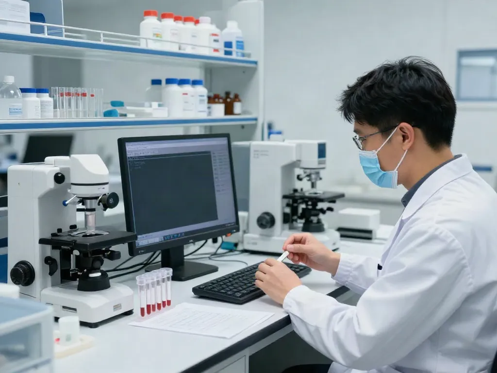 Análisis clínicos en laboratorio de análisis clínicos con técnico realizando pruebas de sangre.