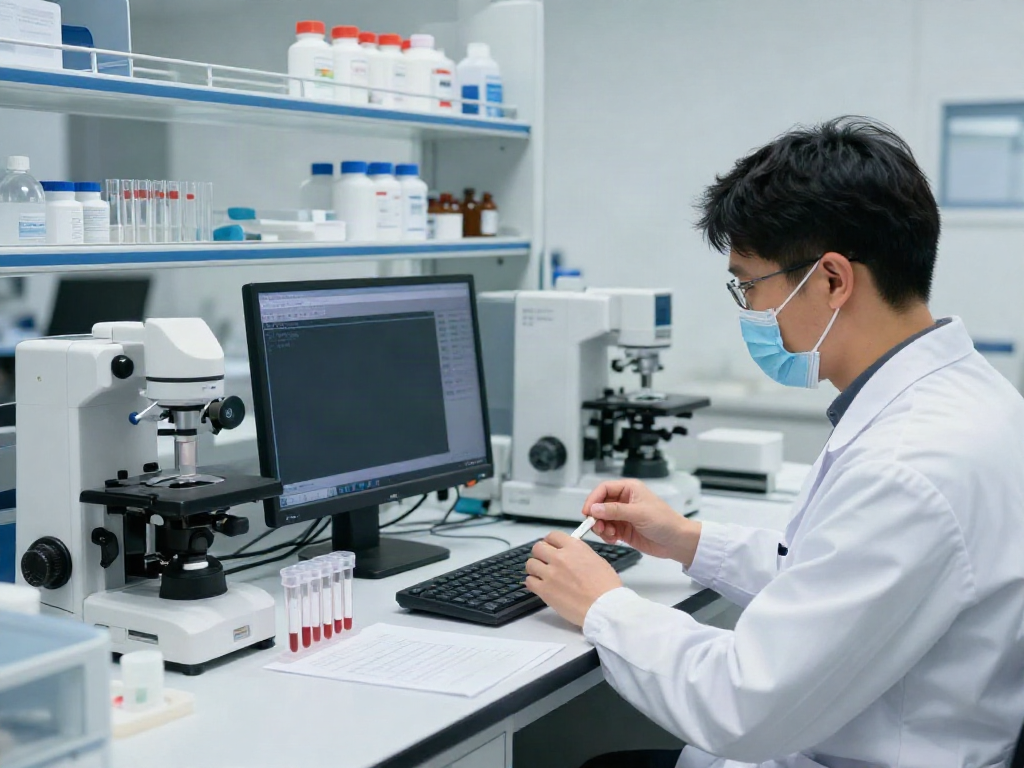 Análisis clínicos en laboratorio de análisis clínicos con técnico realizando pruebas de sangre.