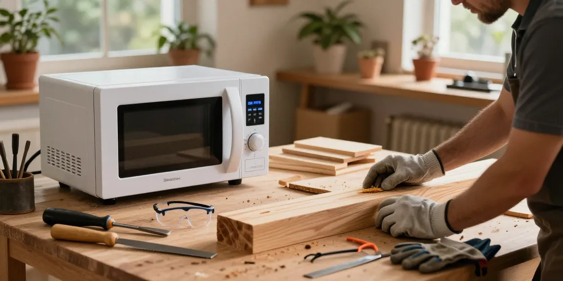 Technician using Shashel microwave equipment to eliminate woodworm in a cozy workshop filled with tools and wood samples.