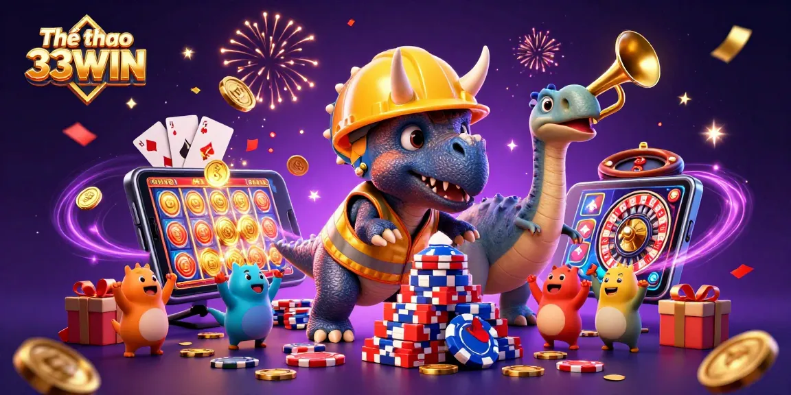 Thể thao 33WIN celebrates with animated characters building a poker chip pyramid amid fireworks.