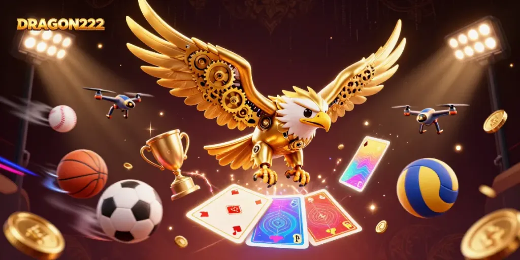 Witness the exciting gameplay of DRAGON222 featuring a dynamic, vibrant scene with golden eagle and sports elements.
