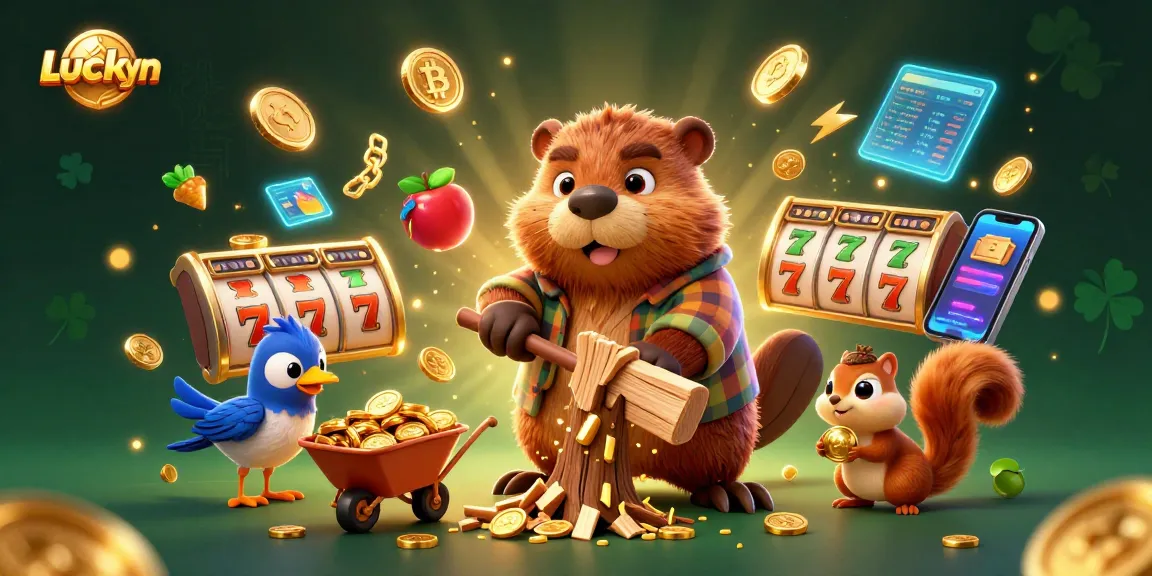 Engage with Luckywin by watching the lively beaver and friends in a vibrant casino-inspired scene filled with gold coins.