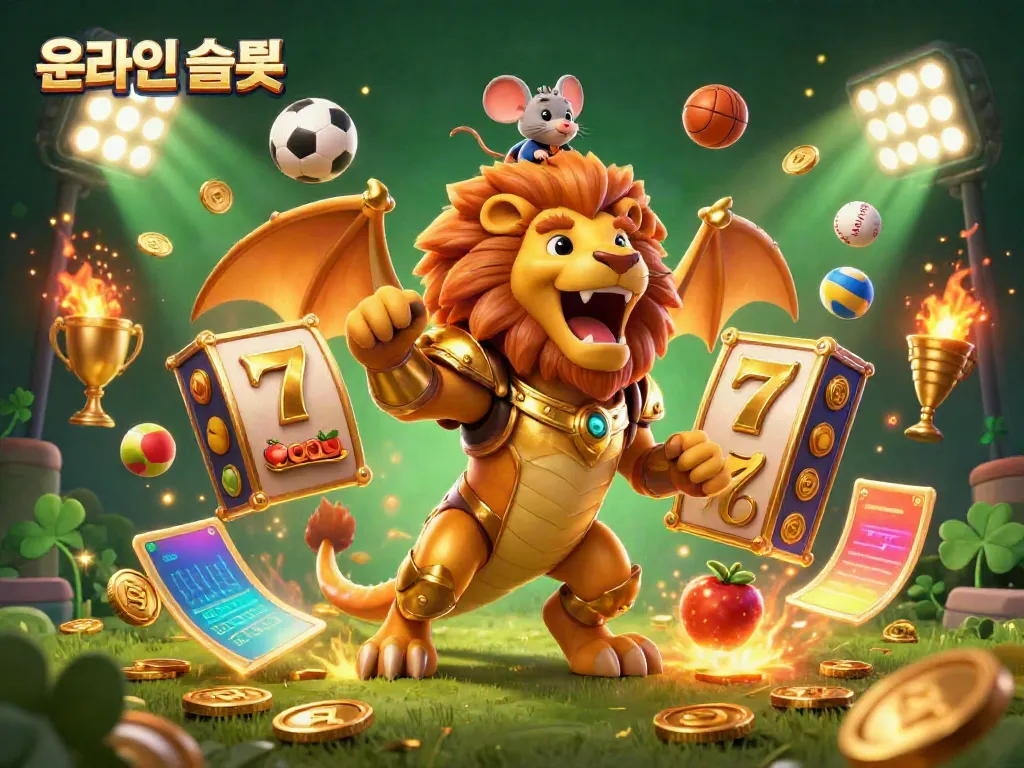 Engage with the thrilling world of 온라인슬롯 as a golden chimera and mouse jockey celebrate, surrounded by vibrant slot elements.