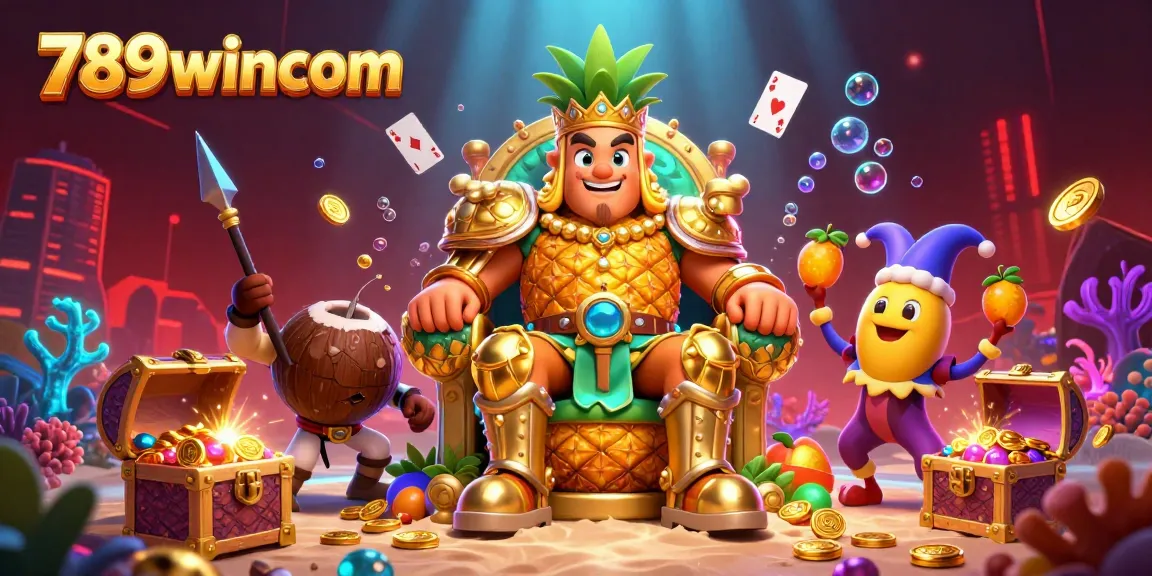 Experience thrilling gameplay with 789wincom in a vibrant beach casino featuring a golden pineapple king and interactive characters.