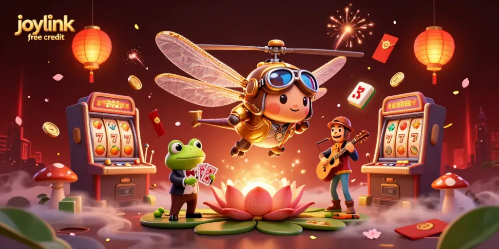 Enjoy exciting gameplay with joylink free credit at a vibrant lily pad casino illustrated scene.
