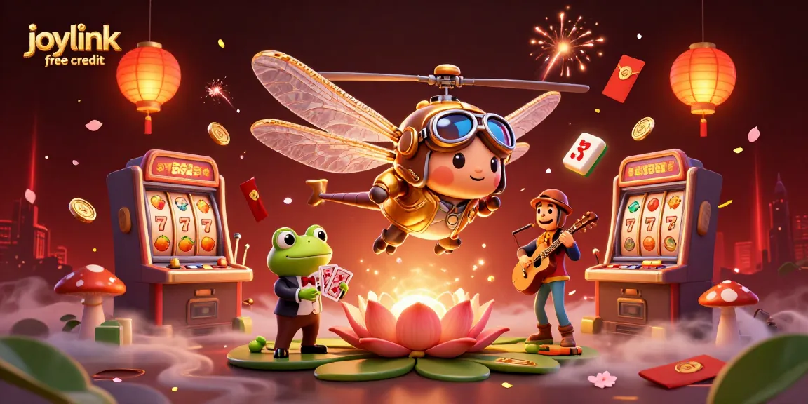 Enjoy exciting gameplay with joylink free credit at a vibrant lily pad casino illustrated scene.