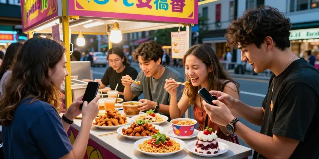 Young millennials enjoying rokok88 slot's viral food dishes at a colorful urban stall, capturing memories and flavors.