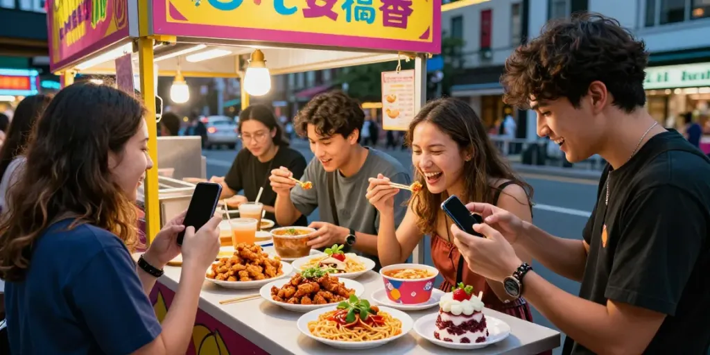 Young millennials enjoying rokok88 slot's viral food dishes at a colorful urban stall, capturing memories and flavors.