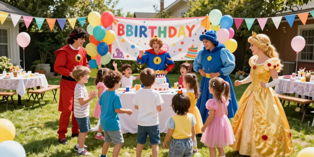 Children celebrating with birthday party characters in colorful costumes during a magical outdoor party.