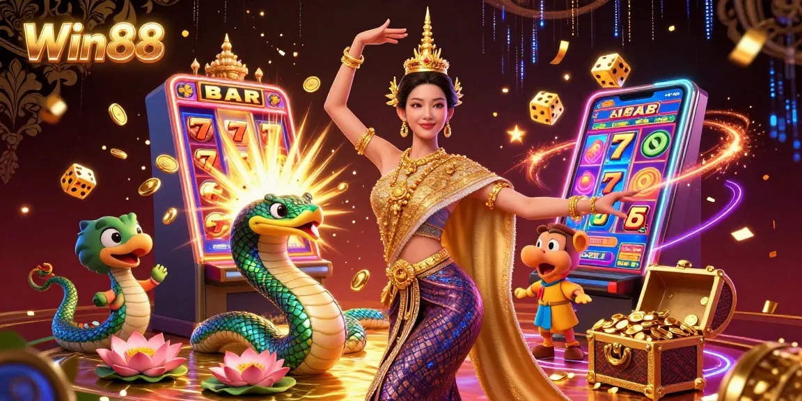Win88 showcases vibrant slots excitement with a jackpot explosion and dynamic casino elements.