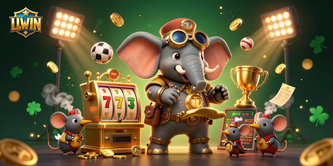 LLWIN steampunk elephant operates a golden slot machine amid a dynamic casino scene.