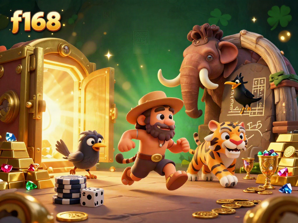 Experience the thrill of f168 with a dynamic casino scene featuring cartoon characters and treasure.