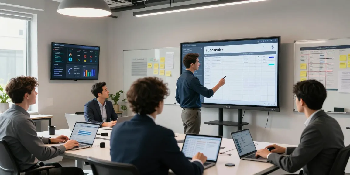 Dynamic office scene featuring the rti scheduler interface, showcasing collaborative scheduling efforts and productivity.