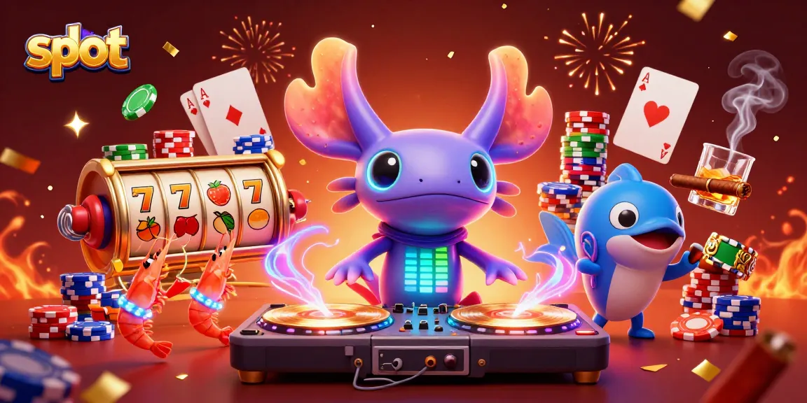 Spin the slots to win with vibrant characters dancing in this colorful casino scene.