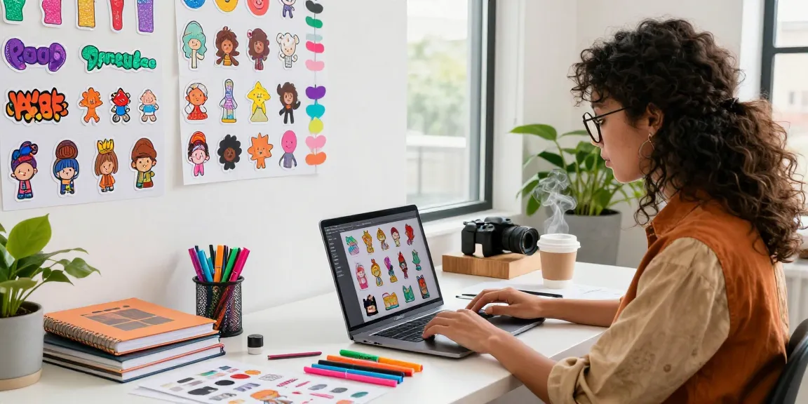 Custom stickers displayed in a vibrant workspace with a designer working creatively on sticker designs.