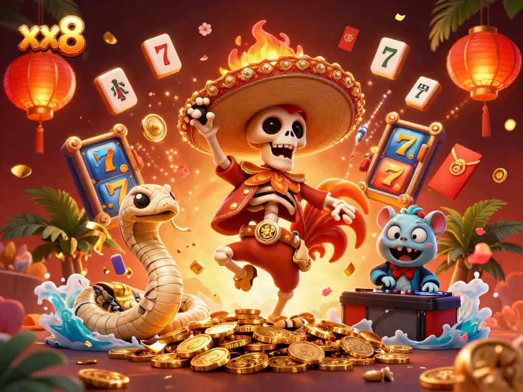 Experience vibrant xx8 action with a mariachi rooster and a dancing mummy snake among golden coins and slot reels.