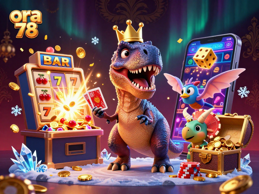 ora 78 memegang kartu, dengan T-Rex yang lucu dan chip emas di latar belakang kasino