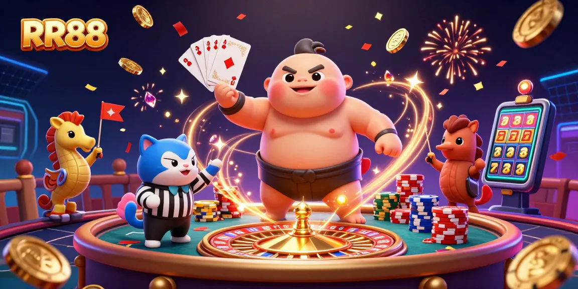 RR88 players engaging in a vibrant underwater casino scene filled with festive elements and golden rewards.