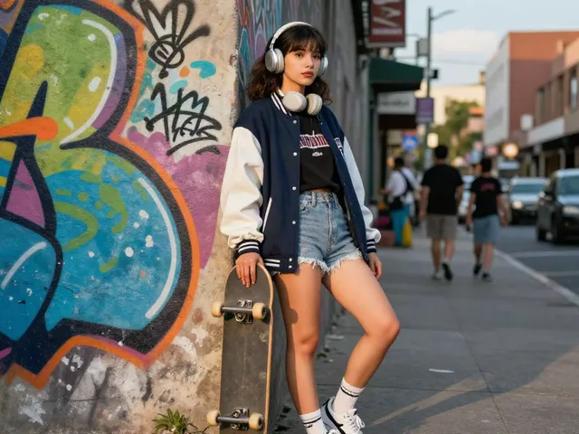 Sophie Rain xxx in trendy street fashion against graffiti wall in vibrant urban setting.