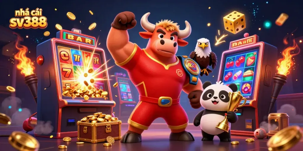 Win big with nhà cái sv388 in a vibrant 3D illustration showcasing dynamic casino elements and characters.