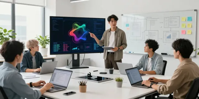 Team of AI developers discussing Enterprise AI solutions in a modern office workspace.