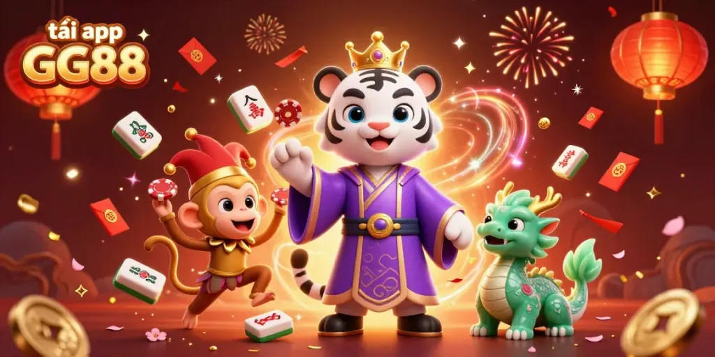 Experience excitement with the download of the tải app GG88 featuring a lively tiger, monkey, and dragon in vibrant casino-themed illustration.