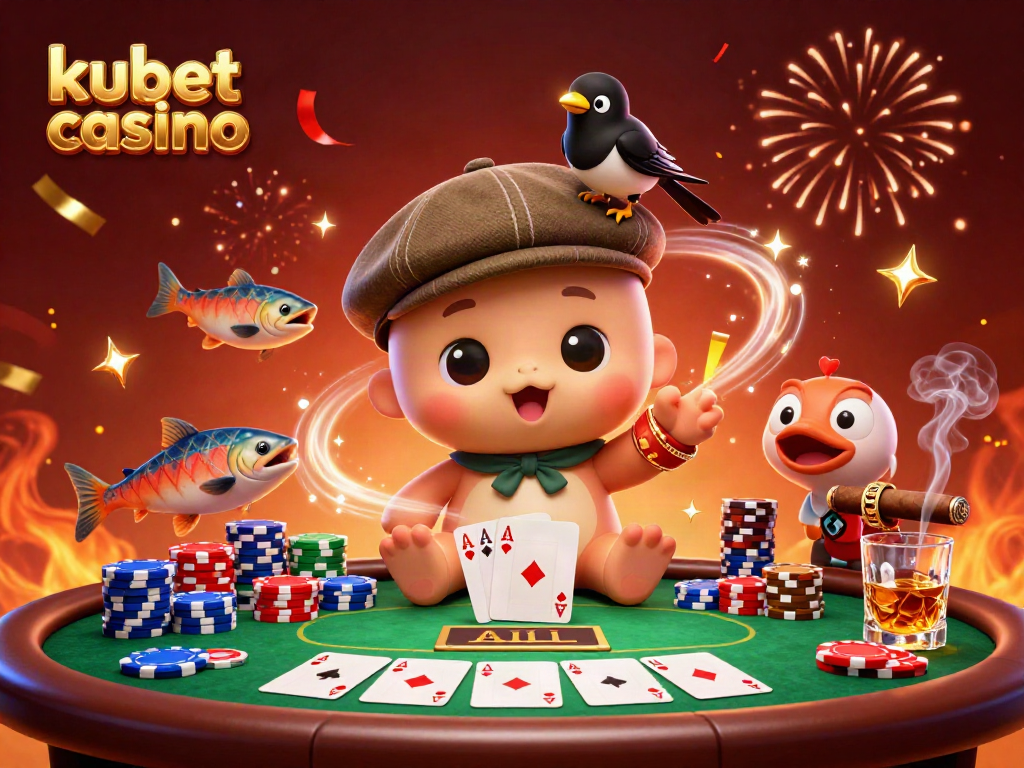 Experience the excitement of kubet casino with a vibrant 3D illustration of Nessie and friends playing poker.
