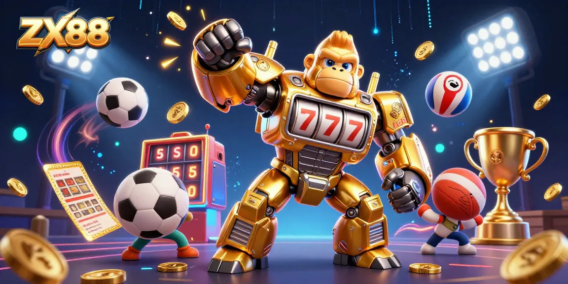 Experience thrilling gameplay at ZX88 with an action-packed casino scene featuring a golden gorilla mech and vibrant sports elements.