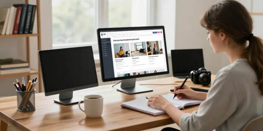 Content creator using an AI blog post generator in Polish in a warm home office.